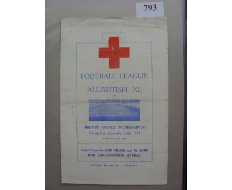 1939/40 Football League v All British XI, a programme from the war aborted season, played at Wolverhampton on 26/12/1939, fol