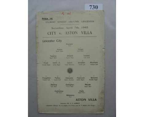 1944/45 Leicester City v Aston Villa, a programme from the cup tie played on 07/04/1945, very slight tear