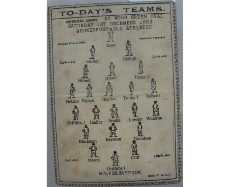 1883/1884 Wednesbury Old Athletic v Wolverhampton Wanderers, a very rare programme/card, from the FA Cup tie played at Wood G