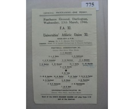 1945/46 Football Association XI v Universities Athletic XI, a programme from the game played at Darlington on 13/03/1946