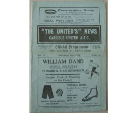 1928/29 Carlisle Utd v Ashington, a rare programme from the game played on 03/11/1928, sl fold (this was Carlisle Utd's first