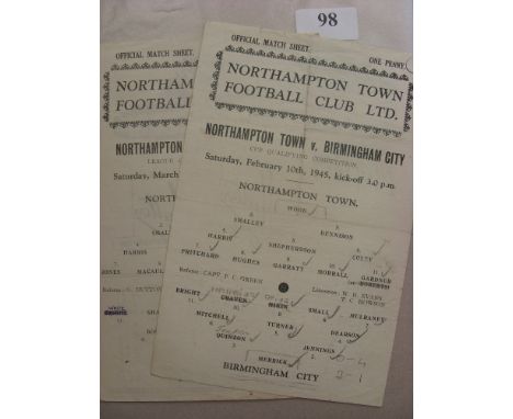 1944/45 Northampton v Birmingham, a collection of 2 programmes from the season, 10/02/45 (Cup), 24/03/45 (Cup)