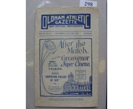 1929/1930 Oldham v Sheffield Wednesday, a programnme from the FA Cup tie played on 25/01/1930, includes various match reports