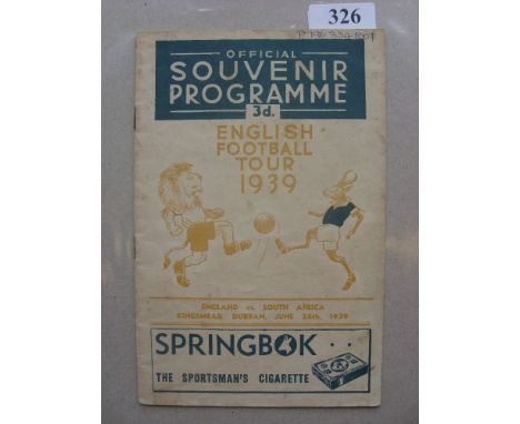 1939 South Africa v England Football Association touring team, a programme from the game played at Kingsmead, Durban on 24/06