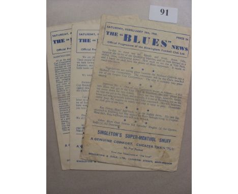 1943/44 Birmingham City, a collection of 3 home programmes, 19/02/44 Aston Villa, 04/03/44 Leicester (Cup), 08/04/44 Man City