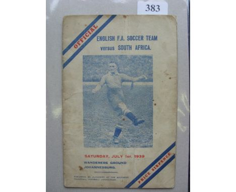 1939 South Africa v English Football Association, a very rare programme from the tour game played at the Wanderers Ground, Jo