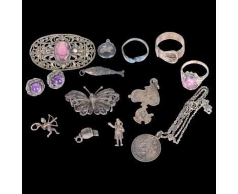 Various jewellery, including Snoopy dog pendant, silver belt buckle ring, butterfly brooch, etcLot sold as seen unless specif
