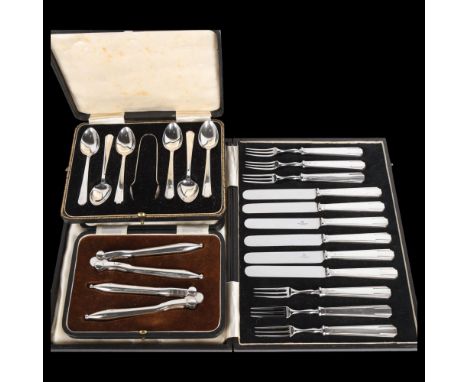 Various cased silver, including set of 6 teaspoons and pair of sugar tongs by Barker Brothers, Birmingham 1914, pair of silve