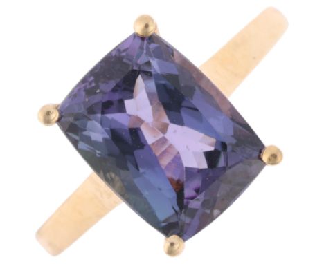 A 9ct gold single stone tanzanite dress ring, maker R&C, set with rectangular cushion-cut tanzanite, setting height 11.3mm, s