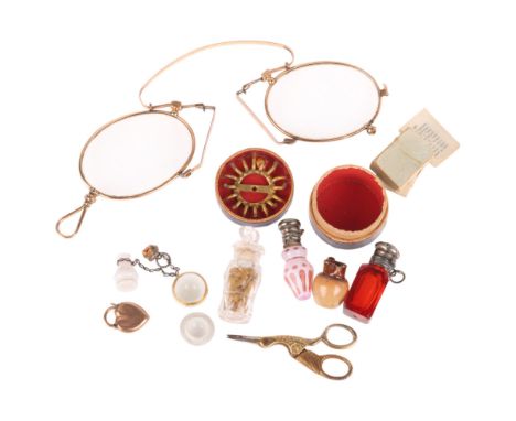 Various miniature items, including Bohemian overlay glass scent bottle, heart padlock clasp, stoneware jug, etcLot sold as se