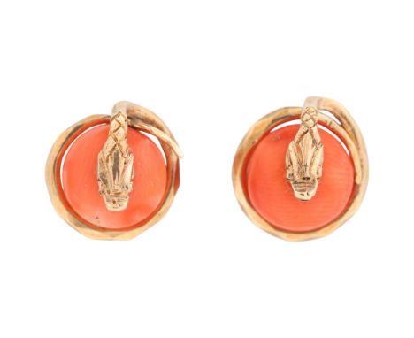 A pair of Antique Victorian coral snake stud earrings, circa 1890, each button coral mounted with a realistically designed co