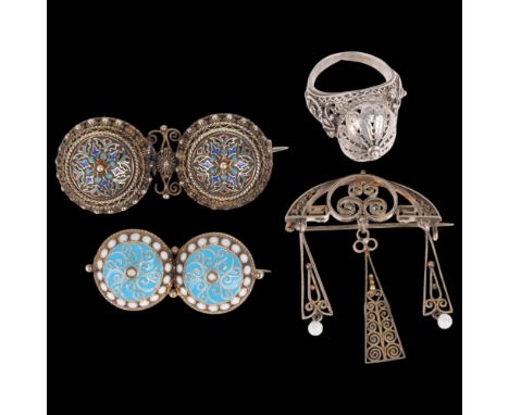Various Scandinavian silver and enamel Folk Art jewellery, including bombe brooches, largest 51.9mm, ring size Q, 34.1g total