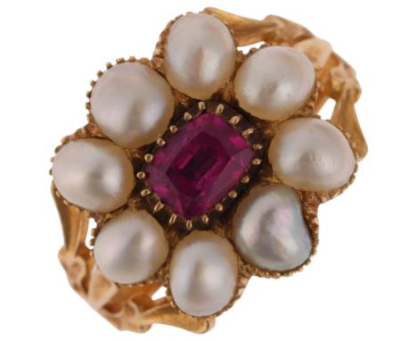 An Antique Georgian 18ct gold pink sapphire and split pearl cluster ring, circa 1820, centrally cut-down collet set with oval