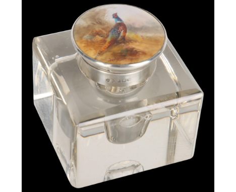 A George V silver-mounted Royal Worcester 'Pheasant' inkwell, Sanders & Mackenzie, Birmingham 1912, the square glass base wit