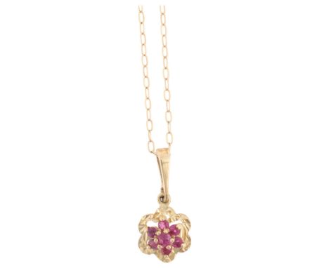 A 9ct gold ruby flowerhead cluster pendant necklace, on 9ct fine cable link chain, pendant 17.9mm, chain 42cm, 1.1gNo damage 