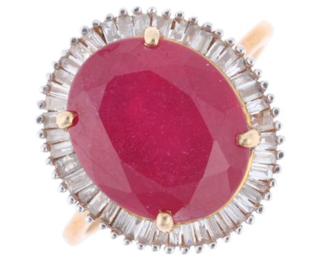 A 9ct gold ruby and diamond cluster ring, set with oval mixed-cut ruby and baguette-cut diamonds, setting height 15.9mm, size