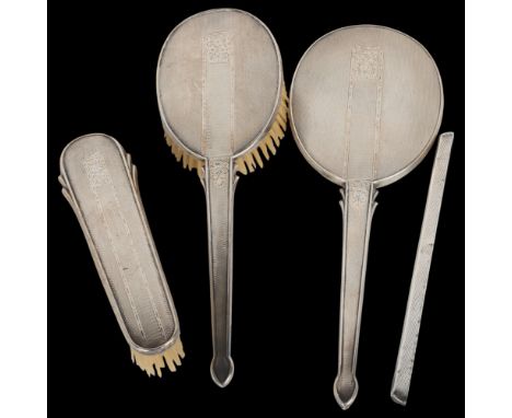 A George VI silver 3-piece dressing table set, WI Broadway & Co, Birmingham 1946, comprising hand mirror, hairbrush, clothes 