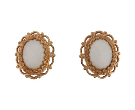A pair of 9ct gold opal stud earrings, set with oval cabochon opals within openwork frame, 12.3mm, 1.6gNo damage or repair, u