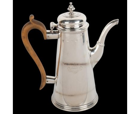 A George II silver coffee pot, Thomas Farren, London 1730, tapered cylindrical form, with hinged cover and turned wood handle