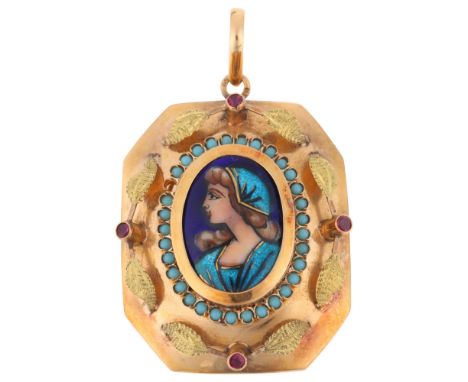 A Portuguese 800 gold (19.2ct), enamel turquoise and ruby miniature portrait pendant, the oval panel with hand painted enamel