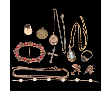Various jewellery, including 14ct gold stone set thimble, 2.3g, Victorian fly lapel button, floral enamel brooch, etcLot sold