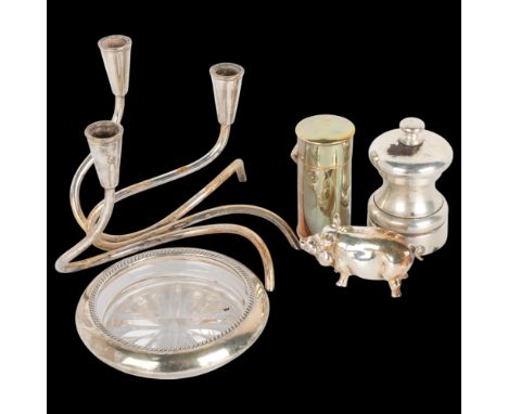 Various silver and plate, including silver squat peppermill, sterling-mounted glass drinks coaster, etcLot sold as seen unles