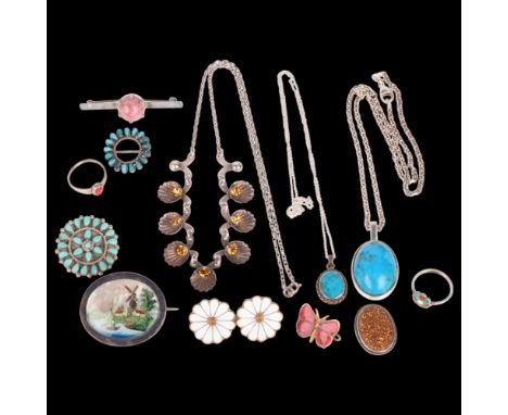 Various jewellery, including Danish silver and orange crystal clam shell fringe necklace, 46cm, white enamel daisy pattern br