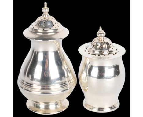 2 silver pepperettes, comprising Scottish waisted baluster example, by Hamilton & Inches, and smaller Irish example, by Wakel