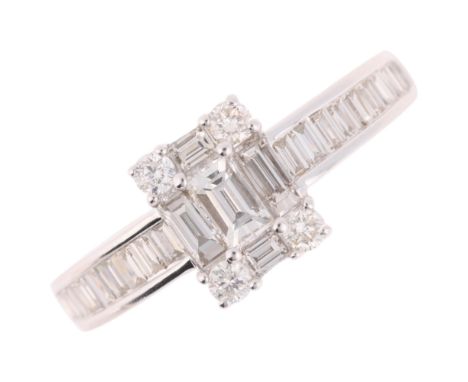 An 18ct white gold diamond cluster ring, maker RB, London 2013, set with rectangular step-cut and modern round brilliant-cut 