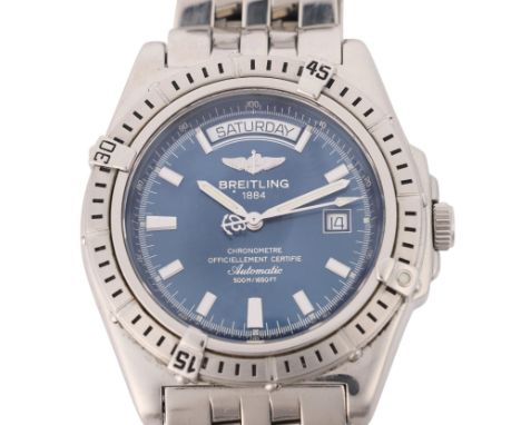 BREITLING - a stainless steel Headwind automatic chronometer bracelet watch, ref. A45355, blue dial with polished baton hour 