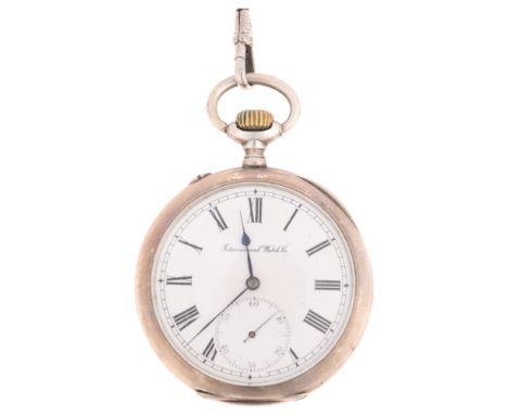 IWC (INTERNATIONAL WATCH COMPANY) - a Continental 800 silver open-face keyless pocket watch, white enamel dial with Roman num