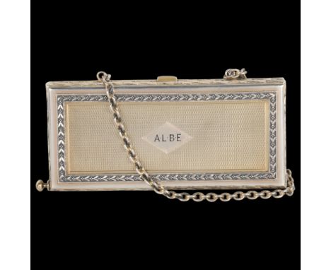 A fine and large German Art Deco sterling silver-gilt lady's combination minaudiere/sovereign/compendium case, rectangular fo