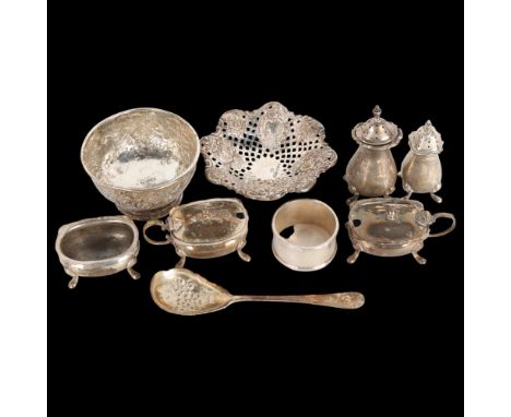 Various silver, including cruets, pedestal bowl, dish, etc, 12oz weighableLot sold as seen unless specific item(s) requested