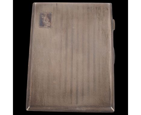 An Art Deco George VI rectangular silver cigarette case, John Rose, Birmingham 1945, allover engine turned decoration with gi