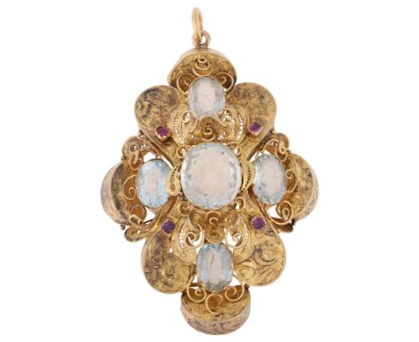 An Antique Victorian aquamarine and ruby mourning pendant, collet set with oval mixed-cut aquamarines within floral chased lo