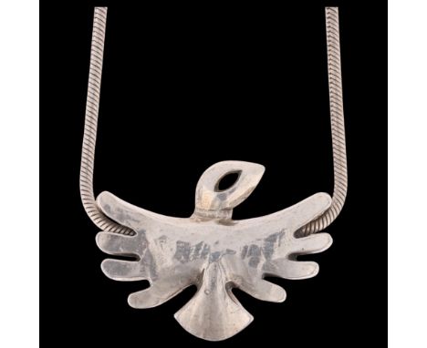 ANETTE & MICHAEL ARLETH - a Danish brutalist sterling silver thunderbird pendant necklace, on sterling snake link chain, wing
