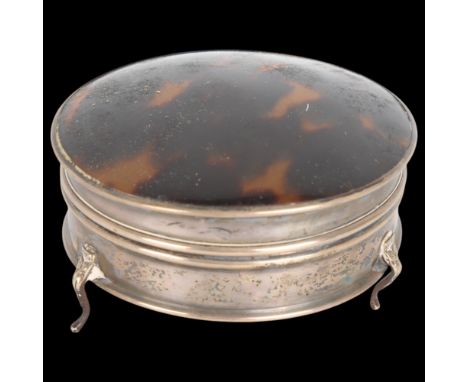 A George V silver tortoiseshell dressing table jewel box, ES Barnsley & Co, Birmingham 1918, circular form, with tortoiseshel