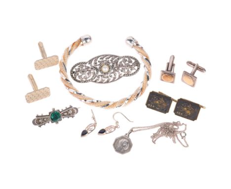 Various jewellery, including Continental silver marcasite brooch, silver cufflinks, etcLot sold as seen unless specific item(