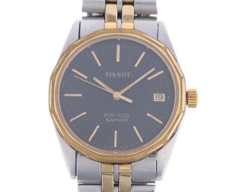 TISSOT - a gold plated stainless steel PR100 Saphir quartz calendar bracelet watch, black cube dial with gilt baton hour mark