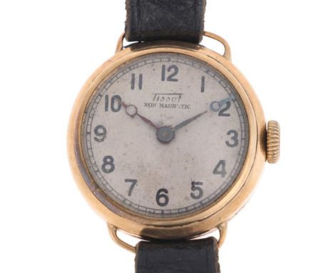 TISSOT - a lady's 9ct gold mechanical wristwatch, circa 1930s, silvered engine turned dial with black Arabic numerals, blued 