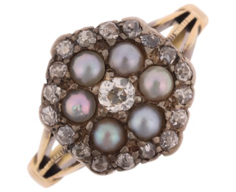 An Antique Edwardian 18ct gold pearl and diamond hexagonal cluster ring, the panel set with flowerhead split pearls surrounde