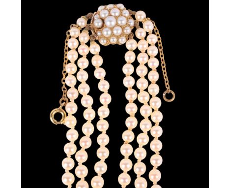 A Vintage graduated triple-strand pearl bead necklace, set with 7.5-3.7mm pearls, with 9ct gold pave pearl clasp, 36cm, 38.1g