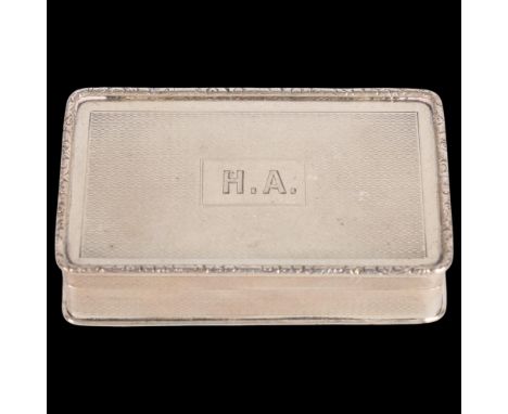 A George V silver snuff box, William Base & Sons, Birmingham 1925, rectangular form with allover engine turned decoration, re