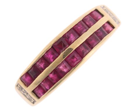 A 9ct gold ruby and diamond band ring, channel set with calibre-cut rubies and single-cut diamonds, setting height 6.2mm, siz