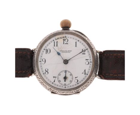 An Antique Swiss silver Driver's mechanical wristwatch, by Morath Brothers of Liverpool, white enamel dial with black Arabic 