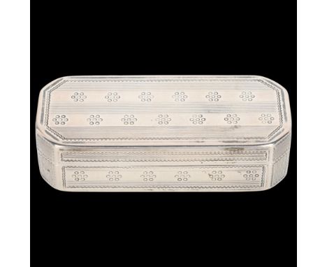 An Antique French silver snuff box, canted rectangular form, with allover engine turned decoration and gilt interior, 7.5cm x
