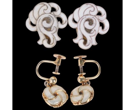2 pairs of Danish modernist silver and white enamel abstract earrings, largest 21.9mm, 10.5g total (2 pairs)Several surface l