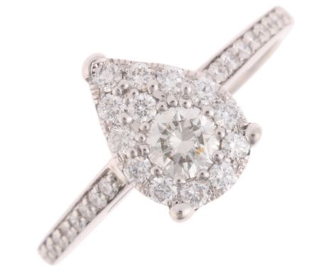 A 9ct white gold diamond pear cluster ring, pave set with modern round brilliant-cut diamonds, total diamond content approx 0