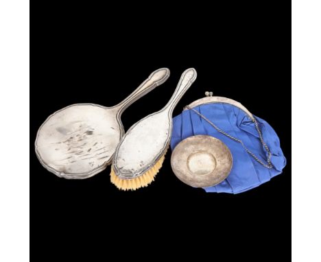 Various silver, including evening bag, small Armada dish, etc, 2.1oz weighable (4)Lot sold as seen unless specific item(s) re