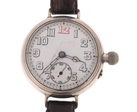 An Antique First World War Period silver Borgel Officer's style mechanical wristwatch, white enamel dial with black and red A
